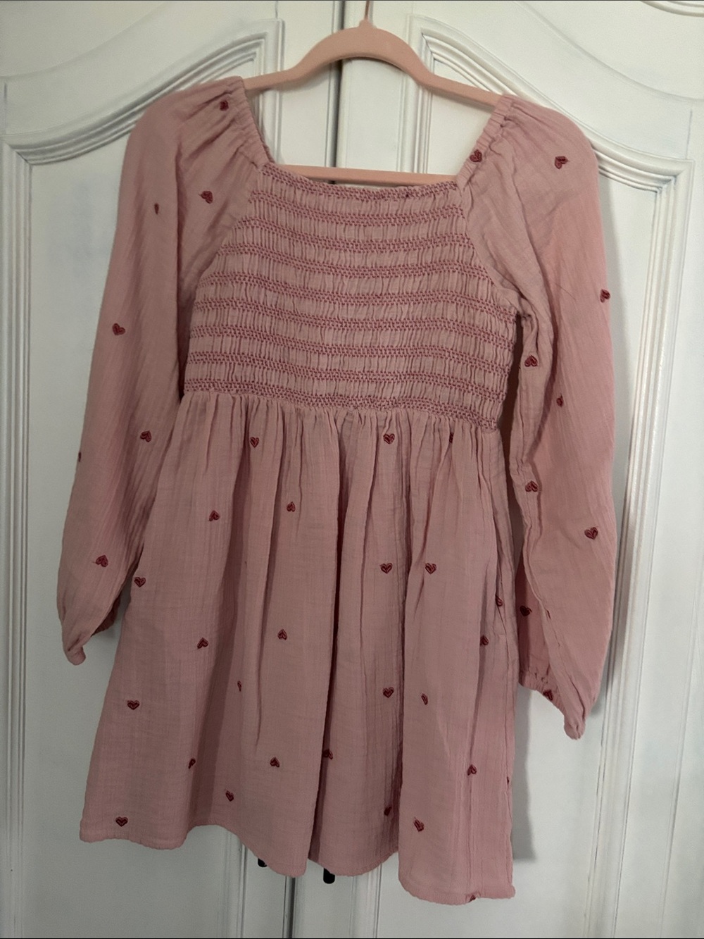 Cat & Jack Blush Pink Smocked Dress with Red Heart Embroidery
